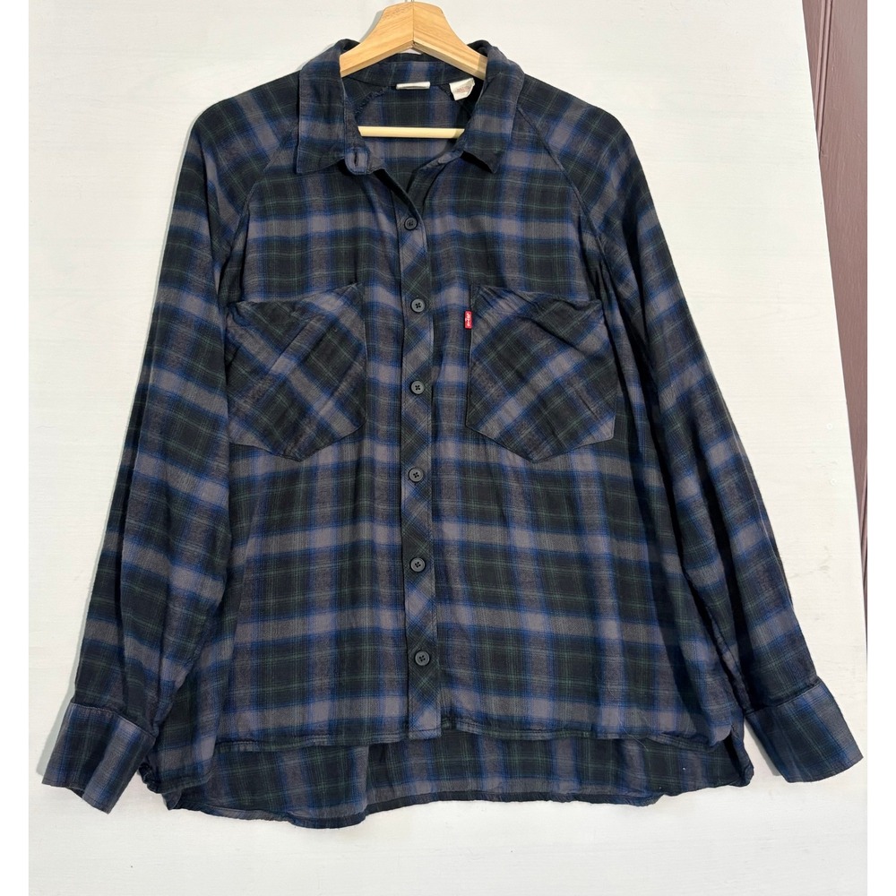 Levis Womens Blue Green Plaid Flannel Button‎ Down Shirt Raglan L A5976-0001
